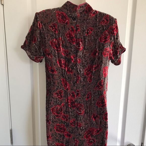 Burgundy Rose Floral Velvet High Neck Dress with Long Sleeve Jacket - Picture 4 of 4